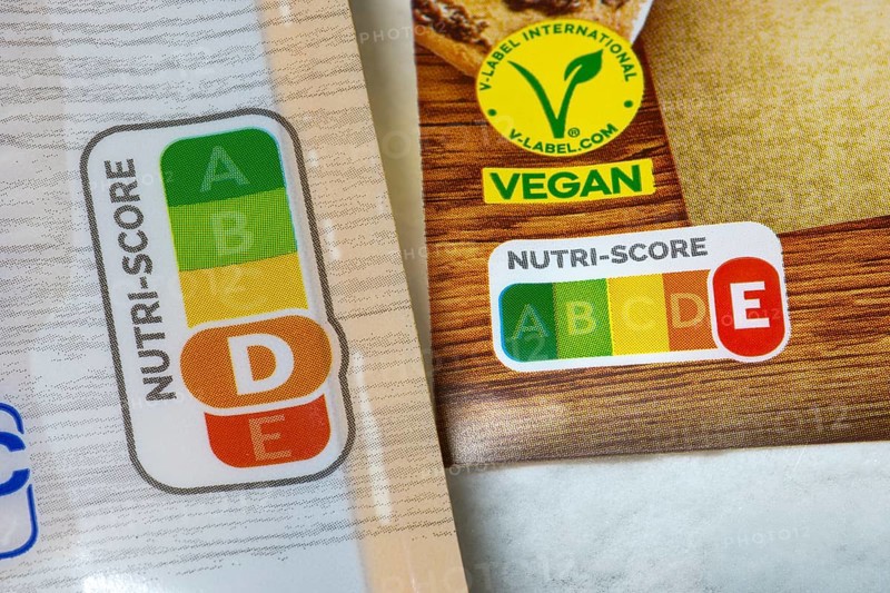 Vegan label with Nutri-Score scale on food packaging