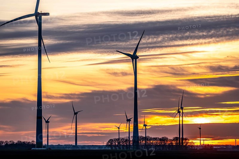 Sunset at Issum wind farm, Lower Rhine, North Rhine-Westphalia, Germany