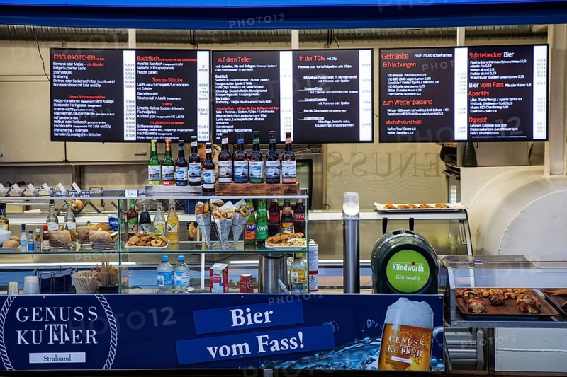 Sales stand on cutters in the ferry channel, Hanseatic City of Stralsund, Baltic Sea, Mecklenburg-Western Pomerania, East Germany, Germany