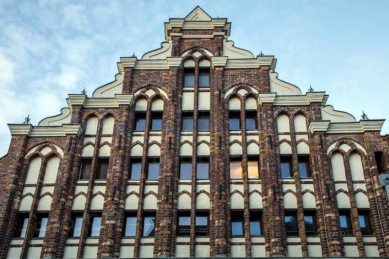 Gable of the house in Badenstraße 45, Hanseatic City of Stralsund, Vorpommern-Rügen District, Mecklenburg-Western Pomerania, Germany