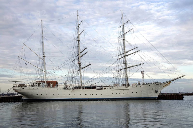 Sailing ship Gorch Fock 1 in the port of Stralsund, Hanseatic City of Stralsund, Mecklenburg-Western Pomerania, Germany