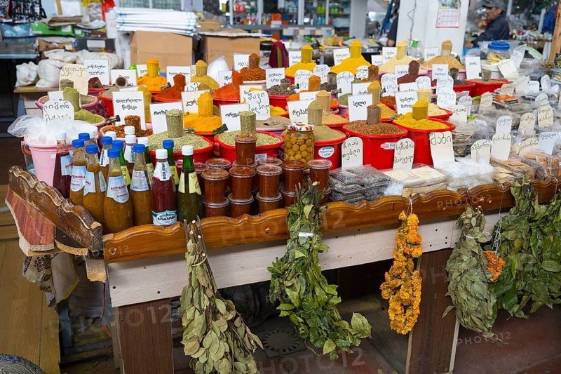 Market stand with a wide range of spices, herbs and pickled products, Akhaltsikhe market, Samtskhe-Javakheti region, Samtskhe-Javakheti, Georgia