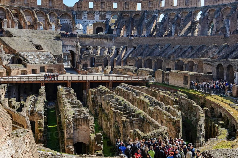 Many tourists crowd into the Colosseum looking at Hypogeum Hypogeum, Rome, Lazio, Italy