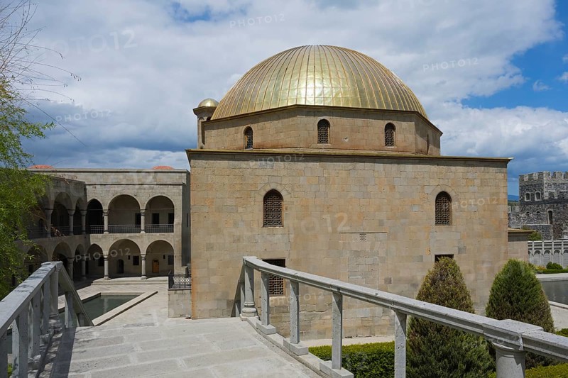 Historic building with golden dome and surrounding gardens under blue skies, Rabati Fortress, Akhaltsikhe, Samtskhe-Javakheti region, Samtskhe-Javakheti, Georgia
