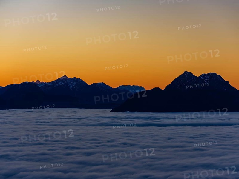 Dusk in the mountains, in the Fog Sea Valley, Chiemgau Alps, Upper Bavaria, Bavaria, Germany