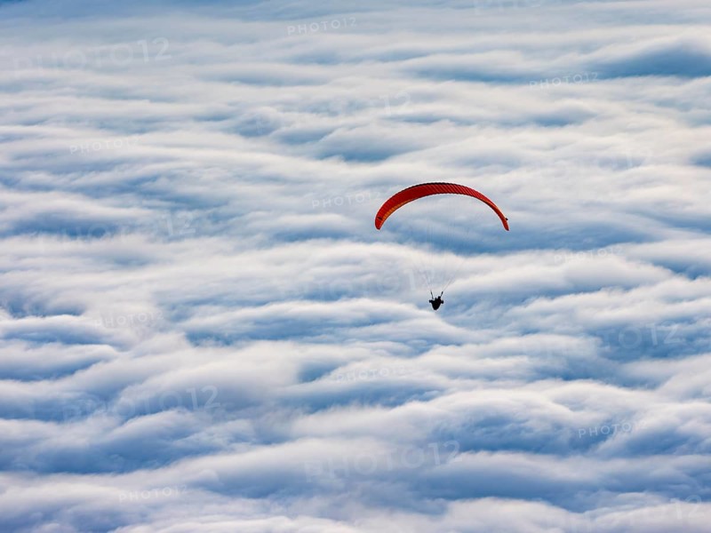 Paragliding flying over a sea of fog, Gaisberg, Salzburg, Salzburger Land, Austria