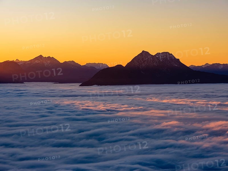 Sunset in the mountains, in the Fog Sea valley, Chiemgau Alps, Upper Bavaria, Bavaria, Germany