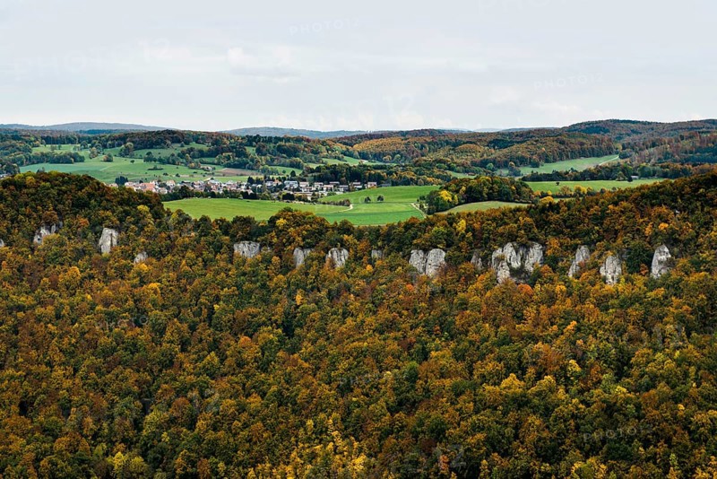 View, panorama of Lichtenstein Castle, Honau, Echaz Valley, Swabian Jura, Baden-Württemberg, Germany