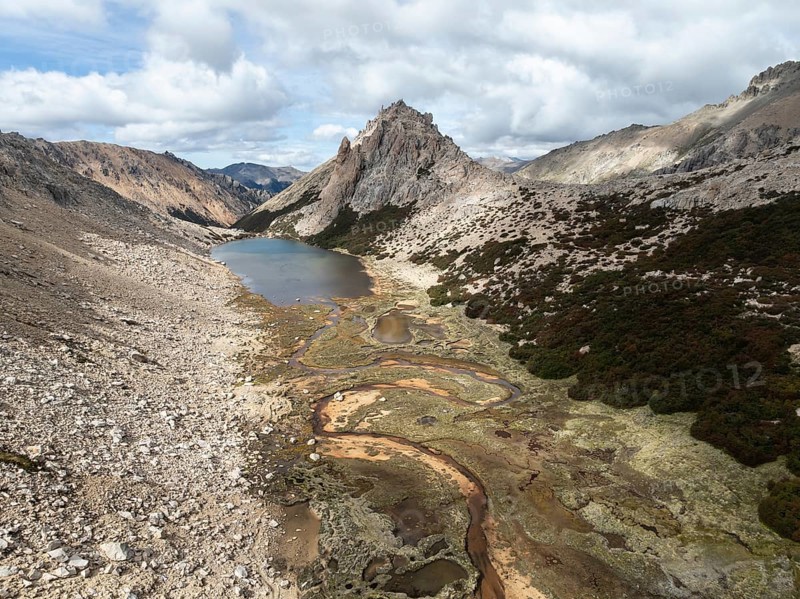 Aerial view, epic panorama, large glaciers, glacial lakes Lago de los Tres Laguna Sucia and Laguna Torre, mountains and peaks of Monte Fitz Roy and Cerro Torre, Fitz Roy mountain range, Cerro Chalten, Los Glaciares National Park, Patagonia, Santa Cruz Province, Argentina