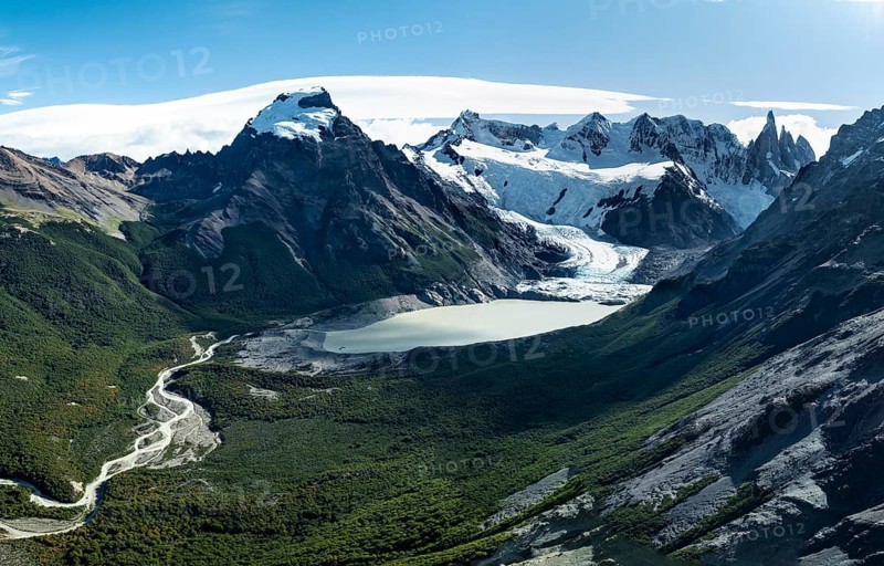 Aerial View, Epic Panorama, Glaciar Torre Glacier Lake Laguna Torre, Mountains and Peaks of Monte Fitz Roy and Cerro Torre, Fitz Roy Mountain Range, Cerro Chalten, Los Glaciares National Park, Patagonia, Santa Cruz Province, Argentina