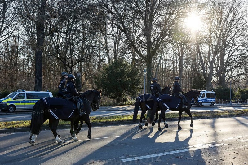 Police horse patrol during the visit of Volodymyr Selensky (President of Ukraine) to Frank-Walter Steinmeier (President of the Federal Republic of Germany) at Bellevue Palace, 15 December 2025