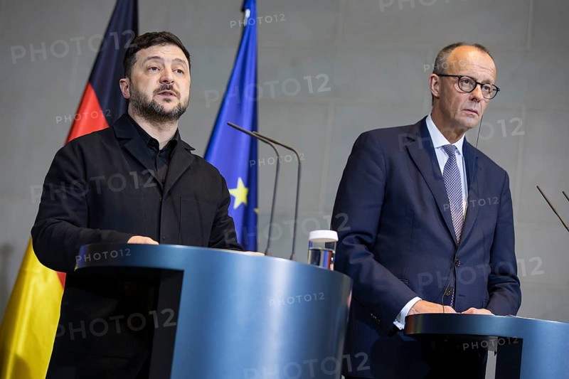 Volodymyr Zelensky (President of Ukraine) and Friedrich Merz (Chancellor of the Federal Republic of Germany) hold a press conference at the Federal Chancellery after the 8th German-Ukrainian Economic Forum, 15 August 2025