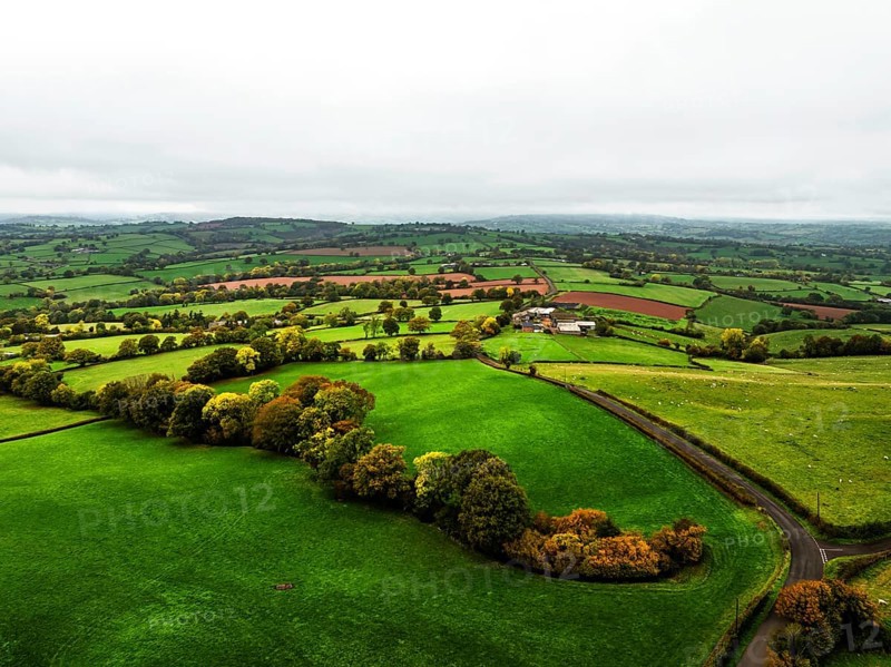 Autumn colours over Wales Farms and Fields from a drone, Grosmont, Abergavenny, Monmouthshire, Wales, UK