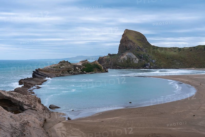 Deliverance Cove and Castle Rock, rocks, ocean, surf. In the lower right corner, a seal. Castlepoint, Wairarapa Coast, Wellington Region, North Island, New Zealand