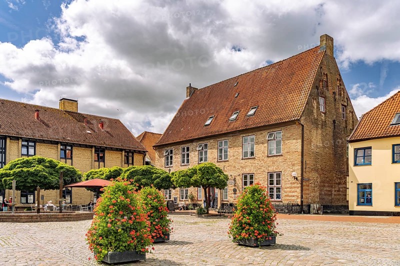 The town hall market in the old town of Schleswig, Schleswig-Holstein, Germany
