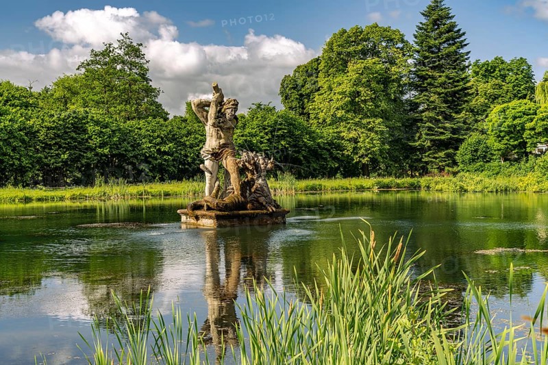 Mirror Pond with Hercules in the Baroque Neuwerkgarten, Gottorf Castle Museum Island, City of Schleswig, Schleswig-Holstein, Germany