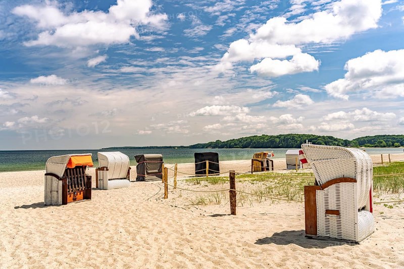 Beach chairs on Eckernförde beach, Schleswig-Holstein, Germany