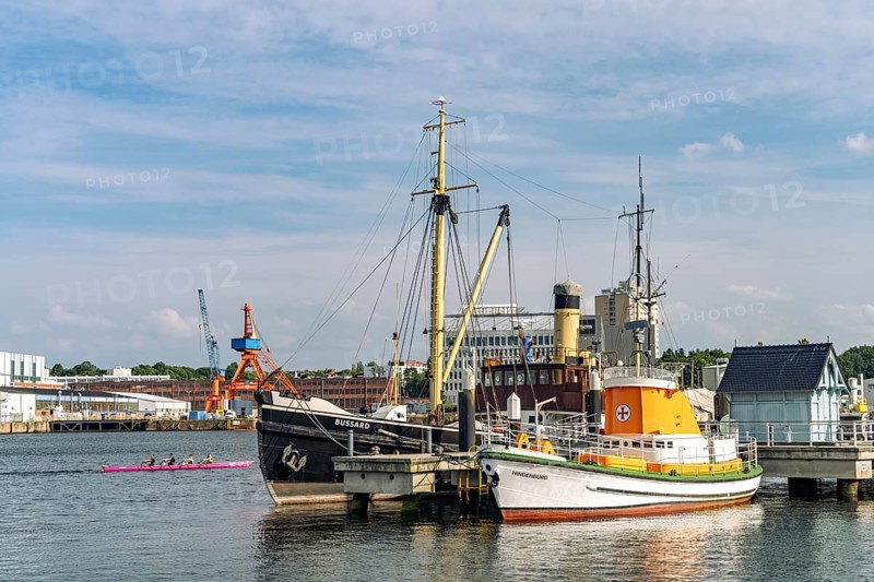 Museum ships Sea Rescue Cruiser Hindenburg and the Buzzard at the Seegarten Museum Bridge of the Kiel Shipping Museum, Kiel, Schleswig-Holstein, Germany