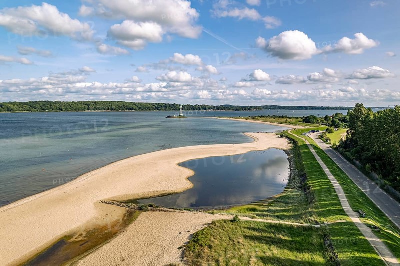 Falkensteiner Beach and Friedrichsort lighthouse on the Kiel Fjord seen from above, Kiel, Schleswig-Holstein, Germany
