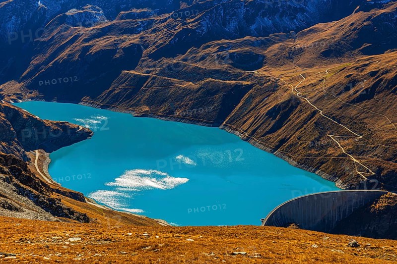 The dam and turquoise lake Lac de Moiry, Val d'Anniviers, Valais Alps, Canton of Valais, Switzerland