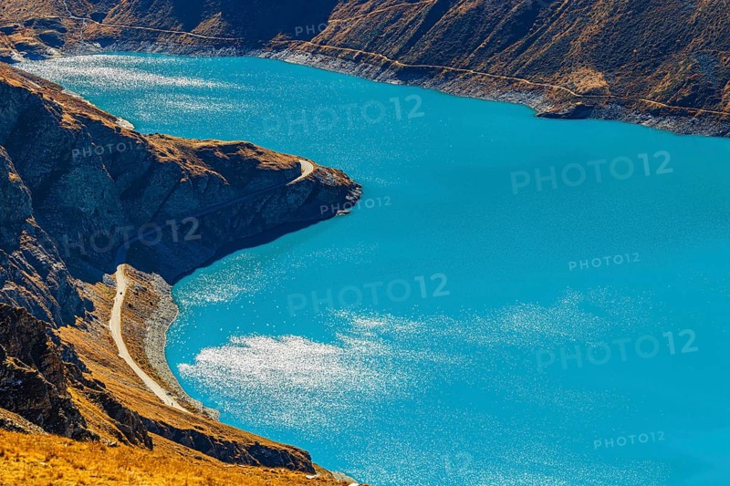 The turquoise Lac de Moiry Reservoir, Val d'Anniviers, Valais Alps, Canton of Valais, Switzerland