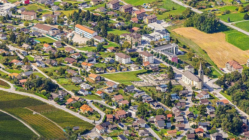 The village of Chalais with the church, view of Vercorin, Val d'Anniviers, Valais Alps, Canton of Valais, Switzerland