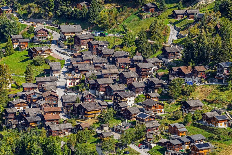 The historic town center of Mission, aerial view, Val d'Anniviers, Valais Alps, Canton of Valais, Switzerland