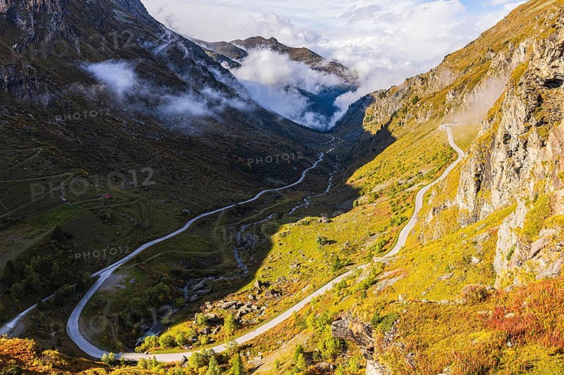 The mountain road from Grimentz to the Lac de Moiry reservoir, Val d'Anniviers, Valais Alps, Canton of Valais, Switzerland