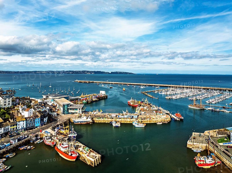 Brixham Hourbour and Brixham Marina from a drone, Brixham, Torbay, Devon, England, United Kingdom