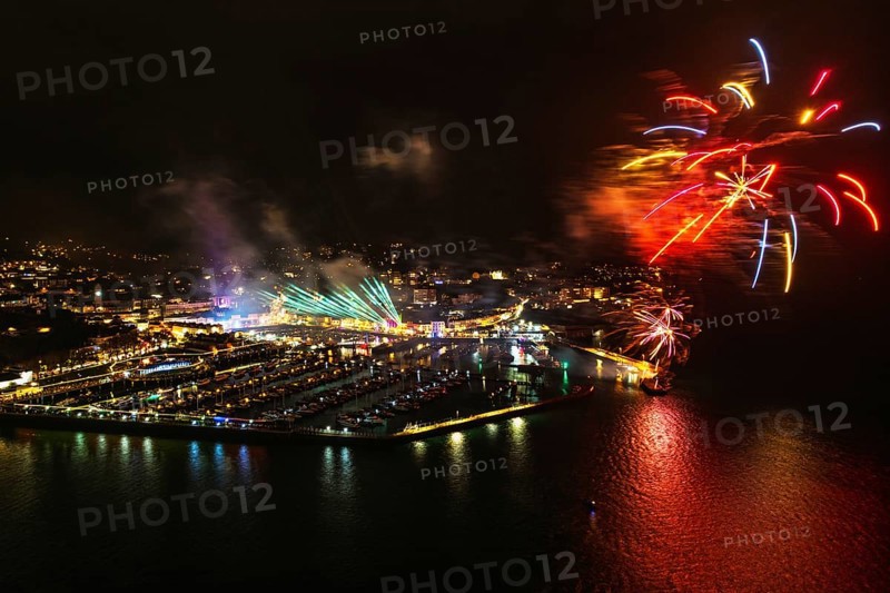 Bay of Lights Illumination Trail Fireworks over Torquay Horbour from a drone, Torbay, Devon, England, United Kingdom