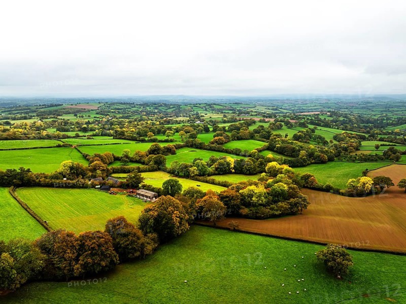 Autumn colours over Wales Farms and Fields from a drone, Grosmont, Abergavenny, Monmouthshire, Wales, UK