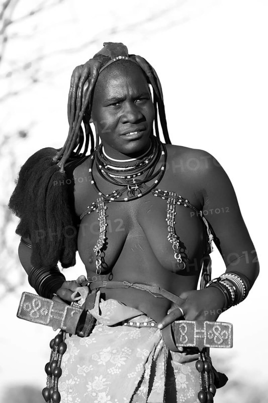 Black and white, portrait, Himba woman, traditional clothing, Kaokoveld, Kunene, Namibia