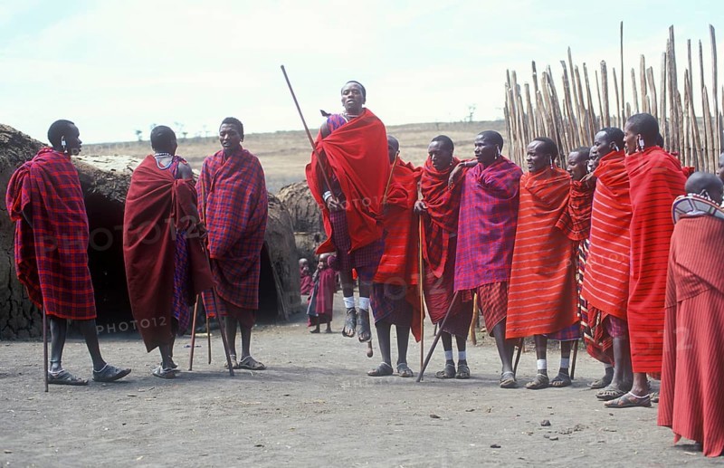 Maasai men showing traditional jumps, Ngorongoro Crater, Tanzania, Africa, June 2000, vintage, retro, old, historic