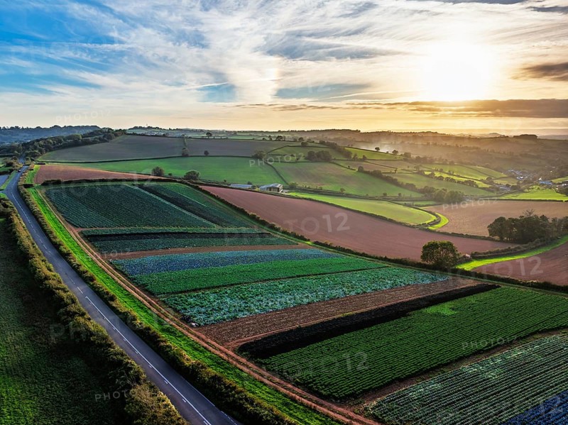 Colours of autumn Fields and Farms over Sheldon from a drone, Torbay, Devon, England, United Kingdom