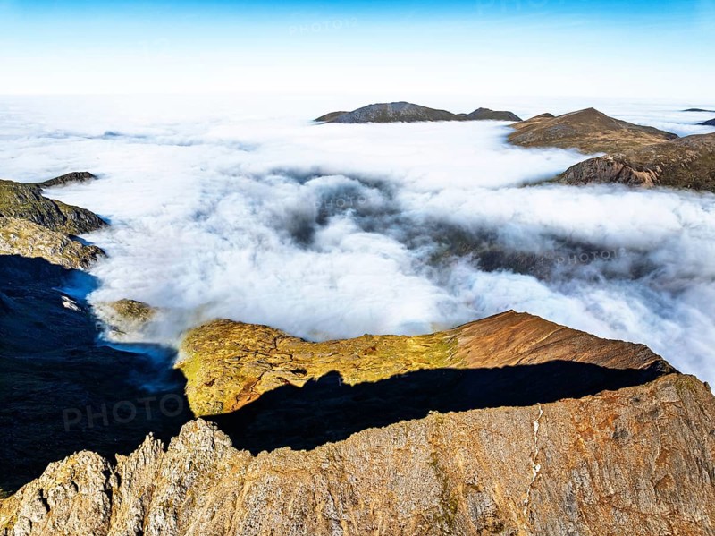 Snowdon Massif from a drone, Snowdon Range, Snowdonia, North Wales, UK