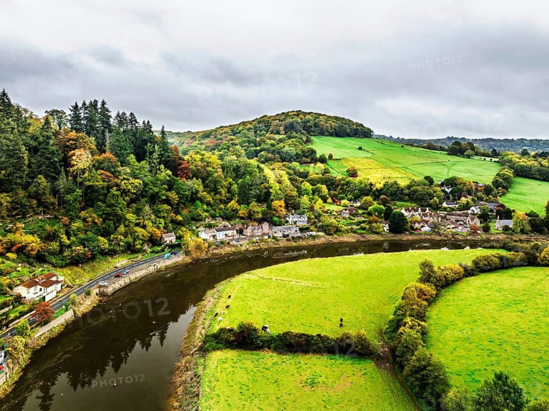 Autumn over Wye Valley and River Wye from a drone, Tintern, Chepstow, Monmouthshire, Wales, UK