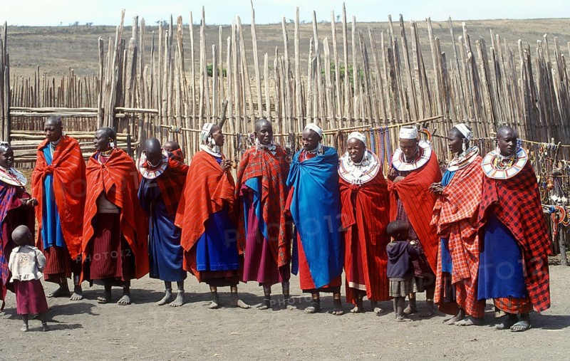Maasai woman with small children in their village in the Ngorongoro Crater, Tanzania, June 2000, vintage, retro, old, historic