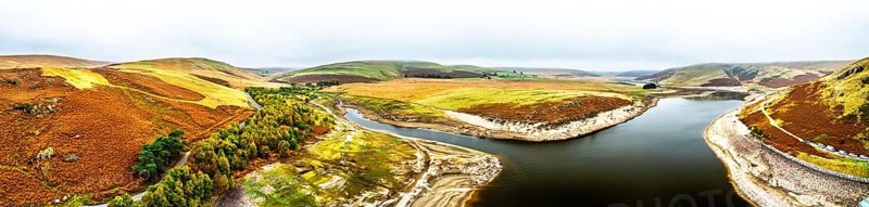 Autumn over Craig Goch Dam from a drone, Elan Valley Reservoirs, Elan Valley, Rhayader, Powys, Wales, UK