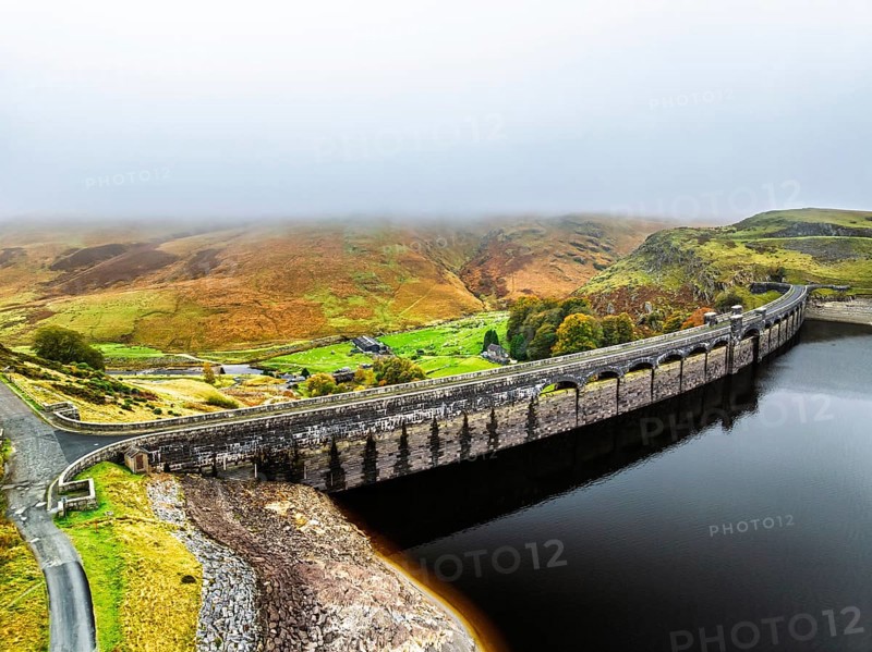 Autumn over Claerwen Dam, Claerwen Valley, Elan Valley Reservoir, Rhayader, Powys, Wales, UK