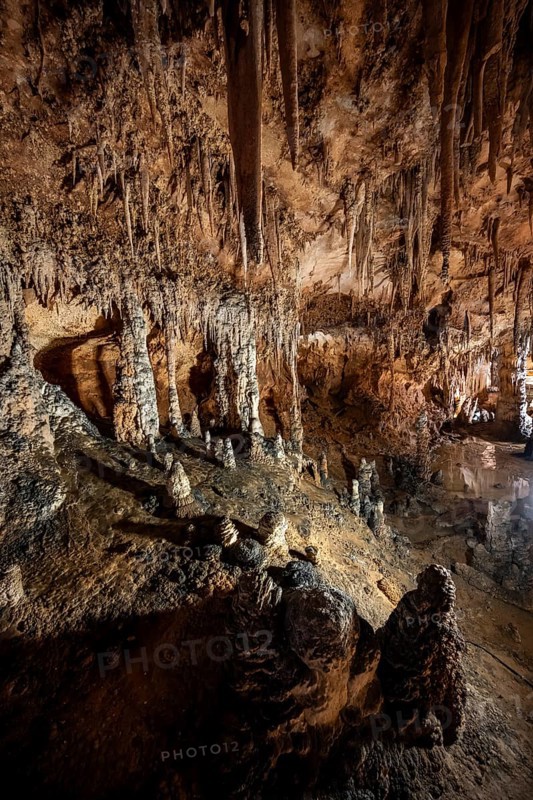 Stalactites and stalagmites, rock formations in a stalactite cave, Grotta del Fico, Gulf of Orosei, Baunei, Sardinia, Italy