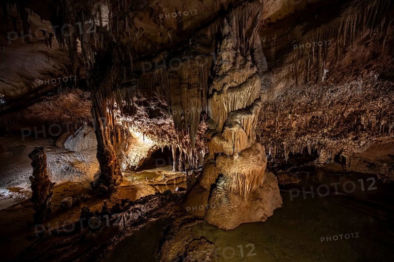 Stalactites and stalagmites, rock formations in a stalactite cave, Grotta del Fico, Gulf of Orosei, Baunei, Sardinia, Italy