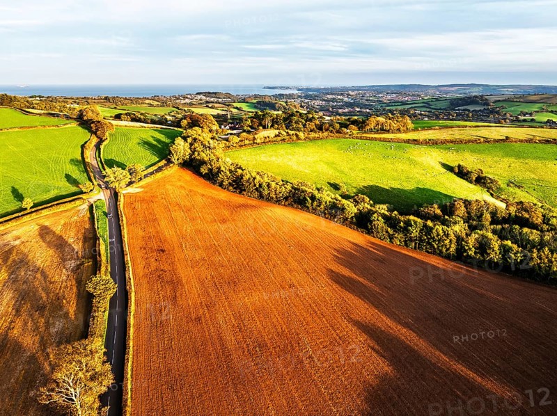 Colours of Devon Farms and Fields over Berry Pomeroy from a drone, Totnes, England, United Kingdom