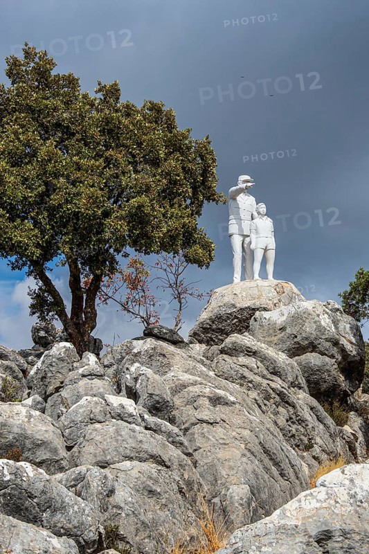 Statues at viewpoint Mirador del Guarda Forestal, at mountain road from Ronda to El Burgo, mountain range Sierra de las Nieves, Parque Nacional Sierra De Las Nieves, Andalusia, Spain