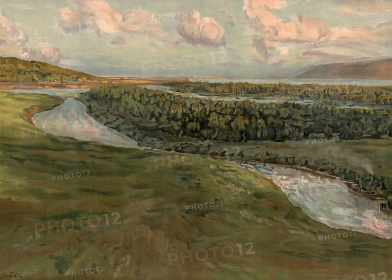The Zhiguli Mountains are a forested low mountain range in Russia, located along the right bank of the Volga in the so-called Samara Loop, authentic reproduction of a school mural, historical, around 1900