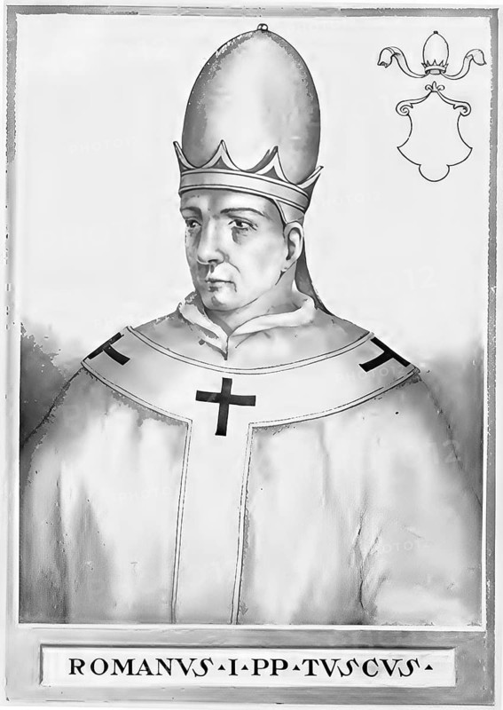 Romanus was pope in 897. The exact election day is unknown. The enthronement took place in August 897, the end of the pontificate is dated November 897, although it is not clear whether Romanus died — in this case he might have been poisoned — or was deposed, historical, authentic, digitally restored reproduction from a 19th-century original, record date not stated