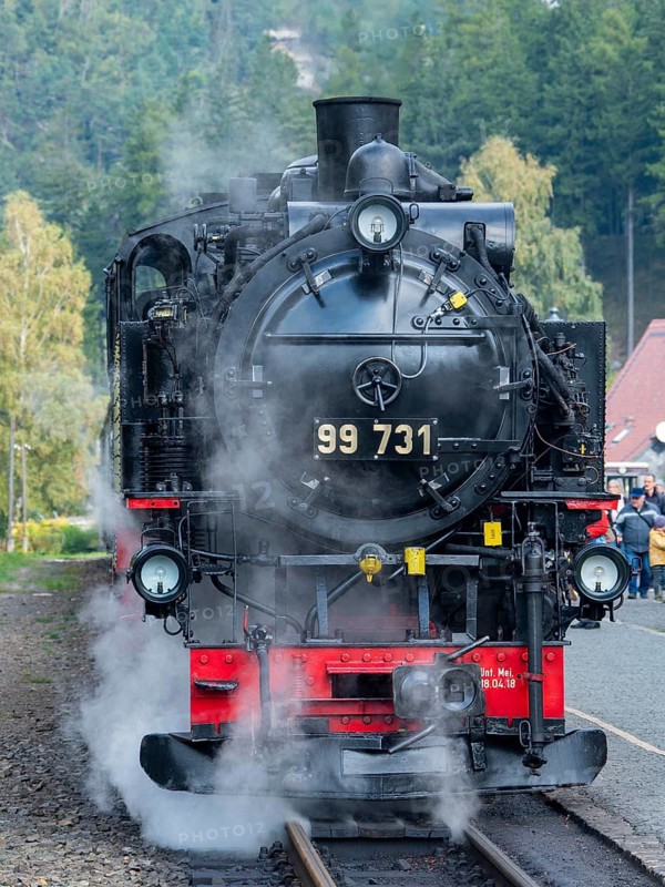 Old steam train in Oybin train station, Zittau Mountains, Saxony, Germany