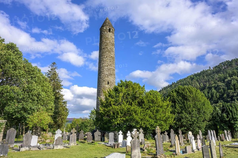 Round Tower and Cemetery, Glendalough, Wicklow Mountains National Park, Brockagh, County Wicklow, Ireland