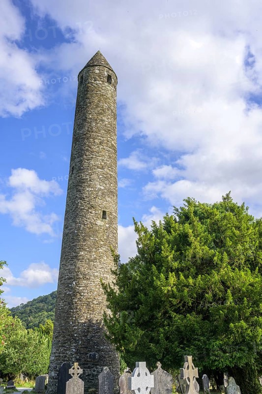 Round Tower and Cemetery, Glendalough, Wicklow Mountains National Park, Brockagh, County Wicklow, Ireland