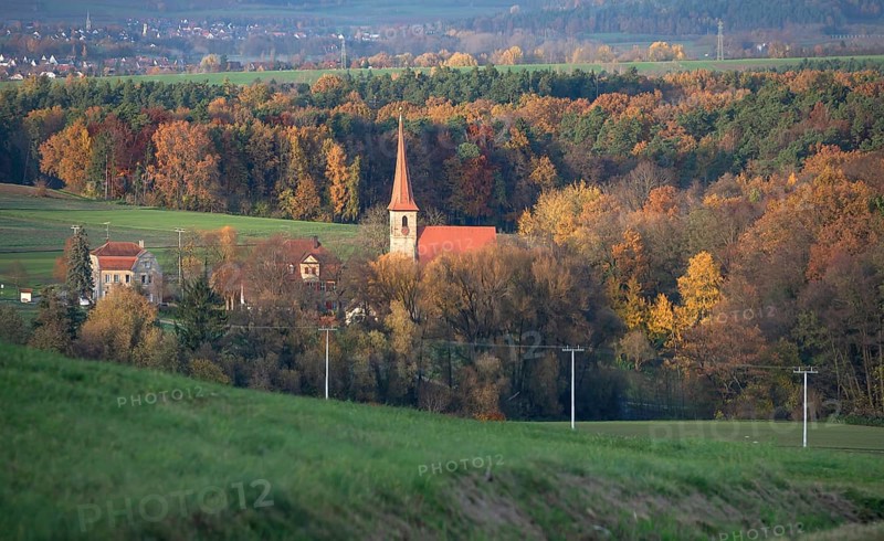 Autumn landscape with St. Egidien church, Beerbach, Middle Franconia, Bavaria, Germany