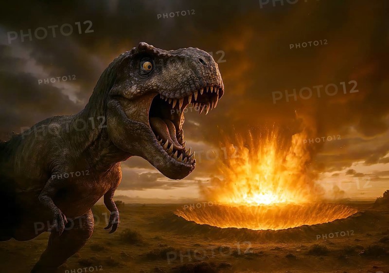 A Tyrannosaurus rex hunts looks startled at a fiery asteroid that hits the earth, symbol carnivore, lizard, prehistoric period, terrifying, paleontology, herbivore, meteor, celestial body, eradication, extinction, dinosaur, extinct, fossil, prehistoric, AI, AI generated
